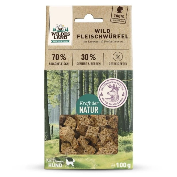 4250839506938 - WILDES LAND DOG kostki z mięsa jelenia i sarny 100g opakowanie