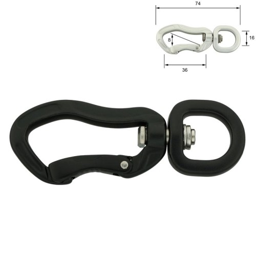 A135/16/BKblack - Karabińczyk aluminiowy 74 mm/16 mm, okrągłe oko – bez blokady